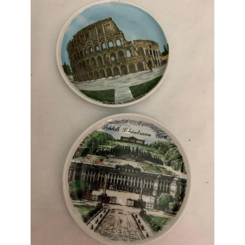 Vintage Travel Coasters Mini Plates Set of 2 Rome Colosseum Vienna Europe Histor